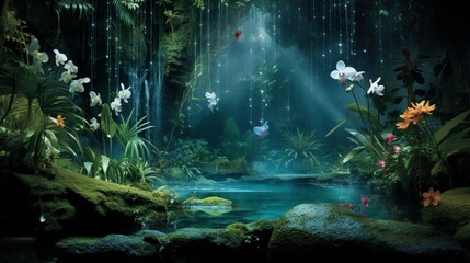 A serene jungle with bioluminescent plants and flowers around a waterfall. The jungle comes alive at night, with the bioluminescent glow transforming it into a mystical wonderland - AI Generative