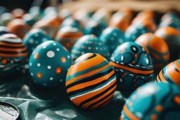 Background with many beautiful colorful Easter eggs, holiday and parties concept. Generative AI