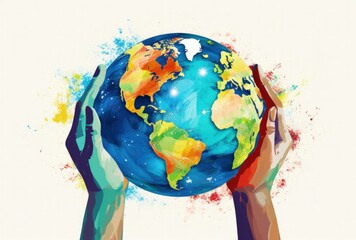 Illustration of hand holding planet earth, concept of saving the planet. Generative AI