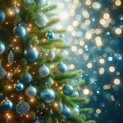 Fototapeta na wymiar Christmas Tree With Ornaments In Blue And Bokeh Lights - Real Fir Branches With Glittering In Abstract Defocused Background - This Image Contain 3d Rendering Elements