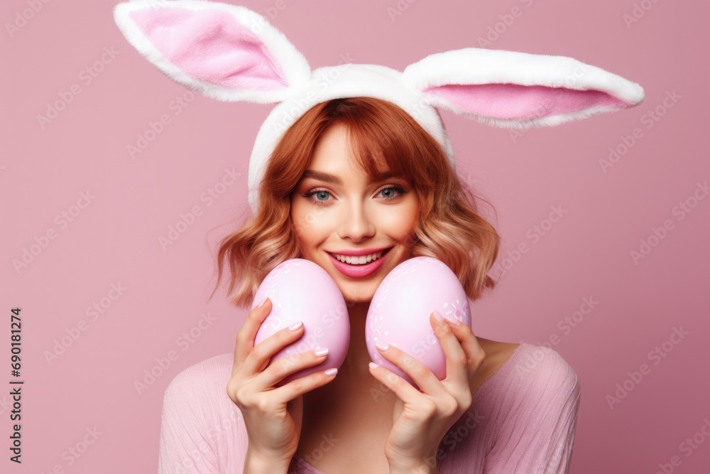 Wall mural woman with bunny ears holding easter eggs, pink background. generative ai