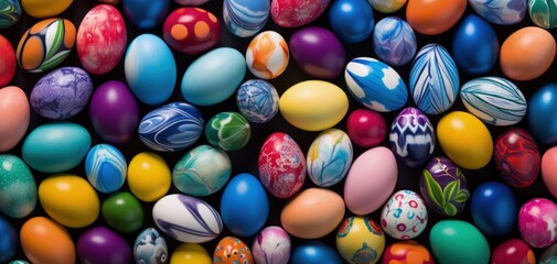 Fototapeta na wymiar Background with many beautiful colorful Easter eggs, holiday and parties concept. Generative AI