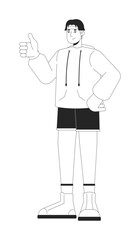 Retro inspired gen z young man thumb up black and white 2D line cartoon character. Handsome korean male showing approval isolated vector outline person. Nostalgia monochromatic flat spot illustration