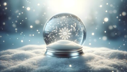 Fototapeta na wymiar The image features a snow globe resting on a snowy surface with a detailed snowflake visible inside it, all under a gentle light with soft bokeh effects in the background.