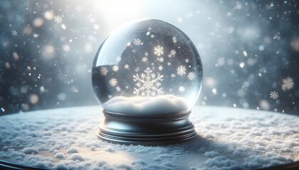 Fototapeta na wymiar The image depicts a crystal-clear snow globe with a delicate snowflake design at the center, surrounded by a flurry of snowflakes against a soft blue background.