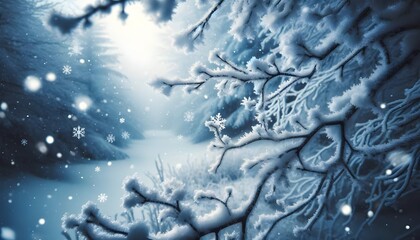 The image portrays a serene winter scene with close-up details of snowflakes gently falling on frost-covered tree branches against a soft, hazy background.