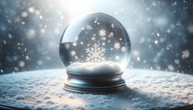 The image depicts a crystal-clear snow globe with a delicate snowflake design at the center, surrounded by a flurry of snowflakes against a soft blue background.