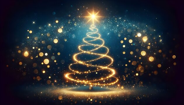 This image depicts an abstract Christmas tree made of swirling golden lights with a shining star at the top, set against a dark background with glowing bokeh effects.