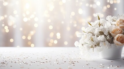 Dreamy Bokeh Background, White Flowers on Table, Celebration Ambience