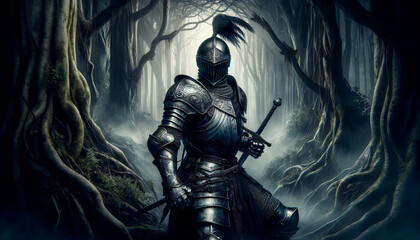  A dramatic and intense scene of a medieval knight in full armor, standing in a misty, ancient forest.  - obrazy, fototapety, plakaty