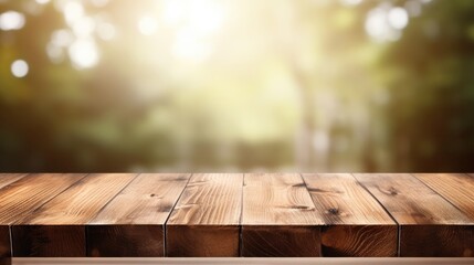 Wooden Table Top, Blurry Trees Background