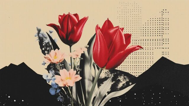 Animation montage of tulips, stop motion collage with retro style and halftone texture