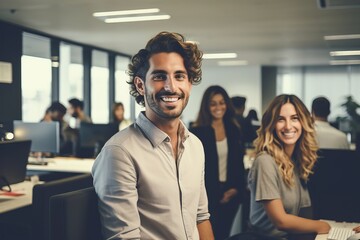 The man is positive, smiling, looking at the camera workplace in the office and a female colleague
