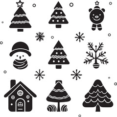 Christmas tree icons, silhouettes in black color on white background