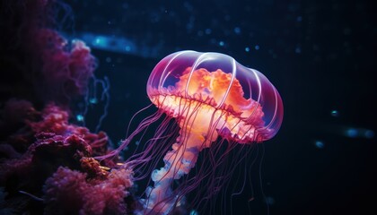 A Mesmerizing Jellyfish Gliding Through the Dark Waters - obrazy, fototapety, plakaty