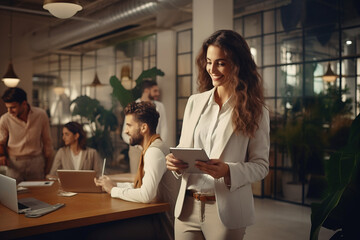 Fototapeta premium A business woman working in an office uses a tablet in a suit creative designer design bureau. The concept of business people.