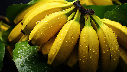 Recreation of bananas bunch with drops water - obrazy, fototapety, plakaty
