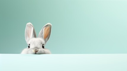 White ears and a head of a bunny sticking out over the table of neutral pastel mint background
