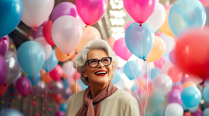 Happy senior woman on background of festive balloons. Birthday . Anniversary. Grandpas day - obrazy, fototapety, plakaty