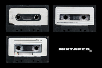 Old audio cassette tape collection with blank white label, mixtape mockup set