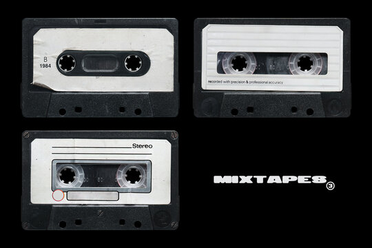 Old audio cassette tape collection with blank white label, mixtape mockup set