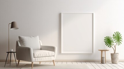 A serene reading corner with an empty white mockup frame, allowing you to personalize the space with your favorite literary quotes or artwork. - obrazy, fototapety, plakaty