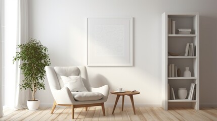 A serene reading corner with an empty white mockup frame, allowing you to personalize the space with your favorite literary quotes or artwork.