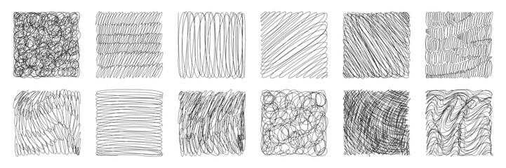 Set of hand drawn pencil crosshatch shapes. Doodle and sketch style. Black squiggle grunge texture. Vector illustration.