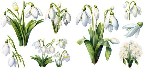 Fototapeta na wymiar snowdrop flower watercolor illustration clipart. Generative AI