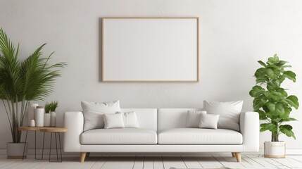 An empty white mockup frame adorning the wall of a contemporary living room, offering a blank canvas for your personal touch.