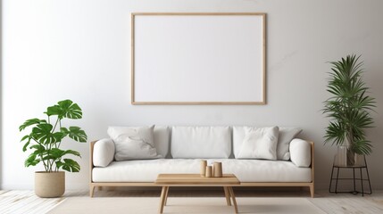 Fototapeta na wymiar An empty white mockup frame adorning the wall of a contemporary living room, offering a blank canvas for your personal touch.