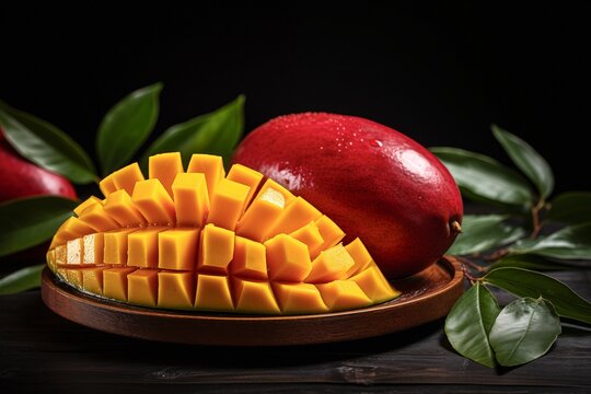 Sweet red mango and half of the fruit on a dark wooden background Sliced Mango Cubes, Exotic Sweet Red Mango