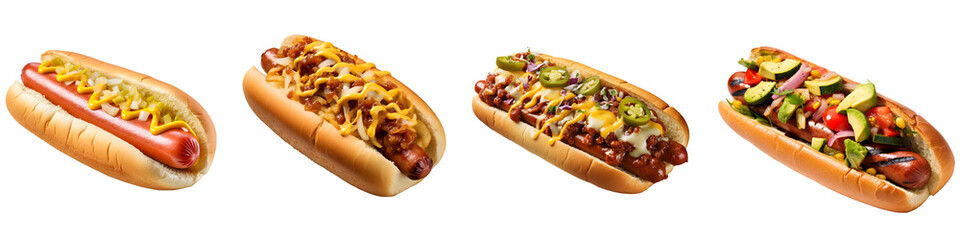 Variety of Hot Dogs: Classic, Chili, Melted Cheese, Vegetarian Options On Transparent Background