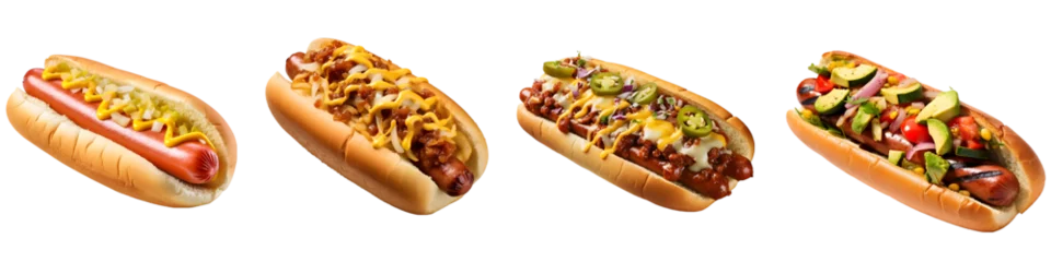Outdoor kussens Variety of Hot Dogs: Classic, Chili, Melted Cheese, Vegetarian Options On Transparent Background © John