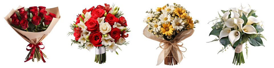 Assorted Bouquets: Roses, Rose & Lisianthus, Daisies & Chrysanthemums, Calla Lilies & Eucalyptus On Transparent Background - Powered by Adobe
