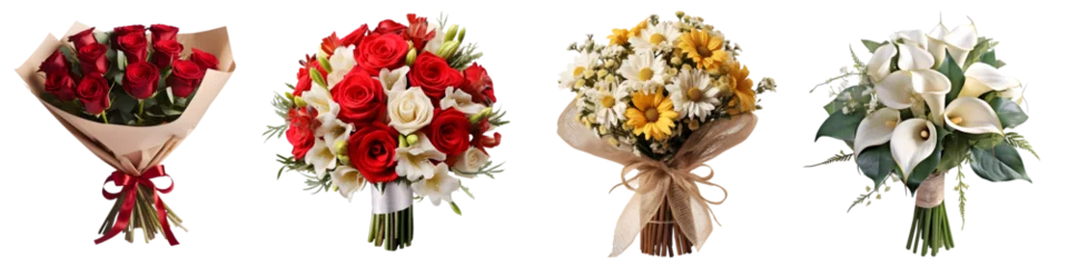 Fotobehang Assorted Bouquets: Roses, Rose & Lisianthus, Daisies & Chrysanthemums, Calla Lilies & Eucalyptus On Transparent Background © John