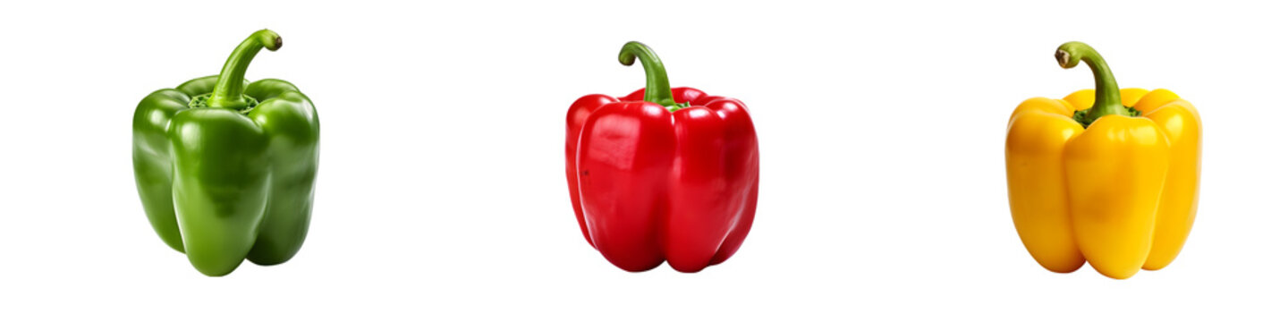 Fresh Bell Peppers: Green, Red, Yellow Varieties Isolated on Transparent Background