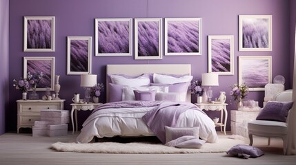 Create a serene and sumptuous bedroom oasis, a lavender wall setting the stage for an empty white photo frame, perfect for displaying your most cherished photographs. - obrazy, fototapety, plakaty