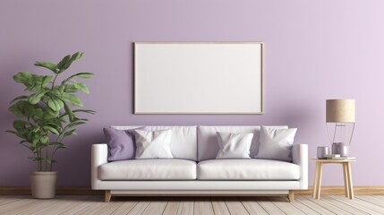 Create a serene oasis with a tropical-themed living room, a lavender wall providing a backdrop for an empty white mockup frame, inviting personalization.