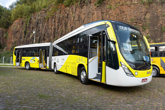 Bus vehicle Marcopolo Viale BRT Volvo B12M 2012 on display at Nineteenth Edition of Bus Brasil Fest 2023 show, held in the city of Campinas, Brazil.