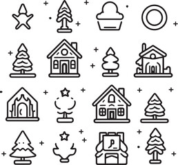 Christmas winter celebration outline line black on white background icons set