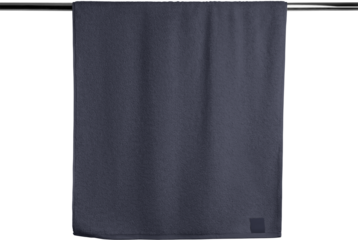 Mockup of dark blue terry towel PNG, hanging on a hanger, handrail