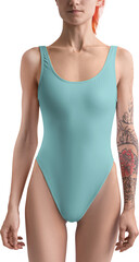 Mockup of a blue one-piece swimsuit on a girl with a tattoo, front view, bodysuit  PNG