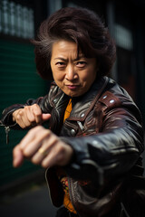 Obraz na płótnie Canvas funny asian senior woman punching in a action pose. - leather jacket - gang member - biker club member