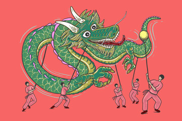 Modern-retro illustration of an oriental cultural dragon dance performance by five men. Symbolism for Lunar New Year, welcoming prosperity, abundance, cultural performance, traditional celebration. 