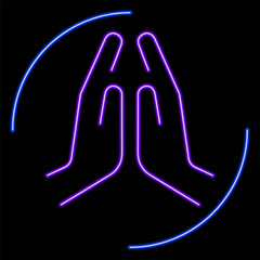 hands prayer neon sign, modern glowing banner design, colorful modern design trends on black background. Vector illustration.