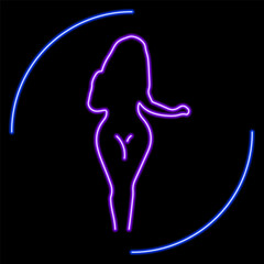 girl silhouette neon sign, modern glowing banner design, colorful modern design trends on black background. Vector illustration.