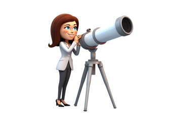 3d cartoon businesswoman looking through telescope 3d rendring isolated on white background. Generative Ai.