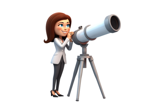3d cartoon businesswoman looking through telescope 3d rendring isolated on white background. Generative Ai.