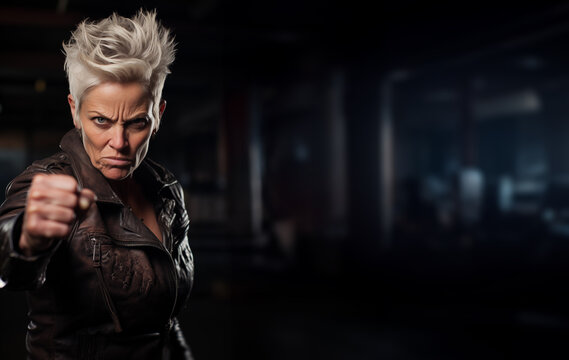 Tough senior white woman - black leather jacket - action pose - spiky short hair - copy space - gang member - biker club member